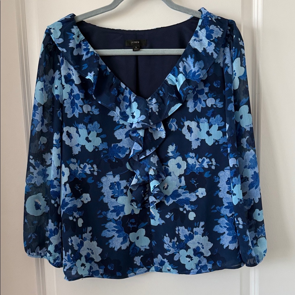 J. Crew Blue Floral Ruffle Blouse